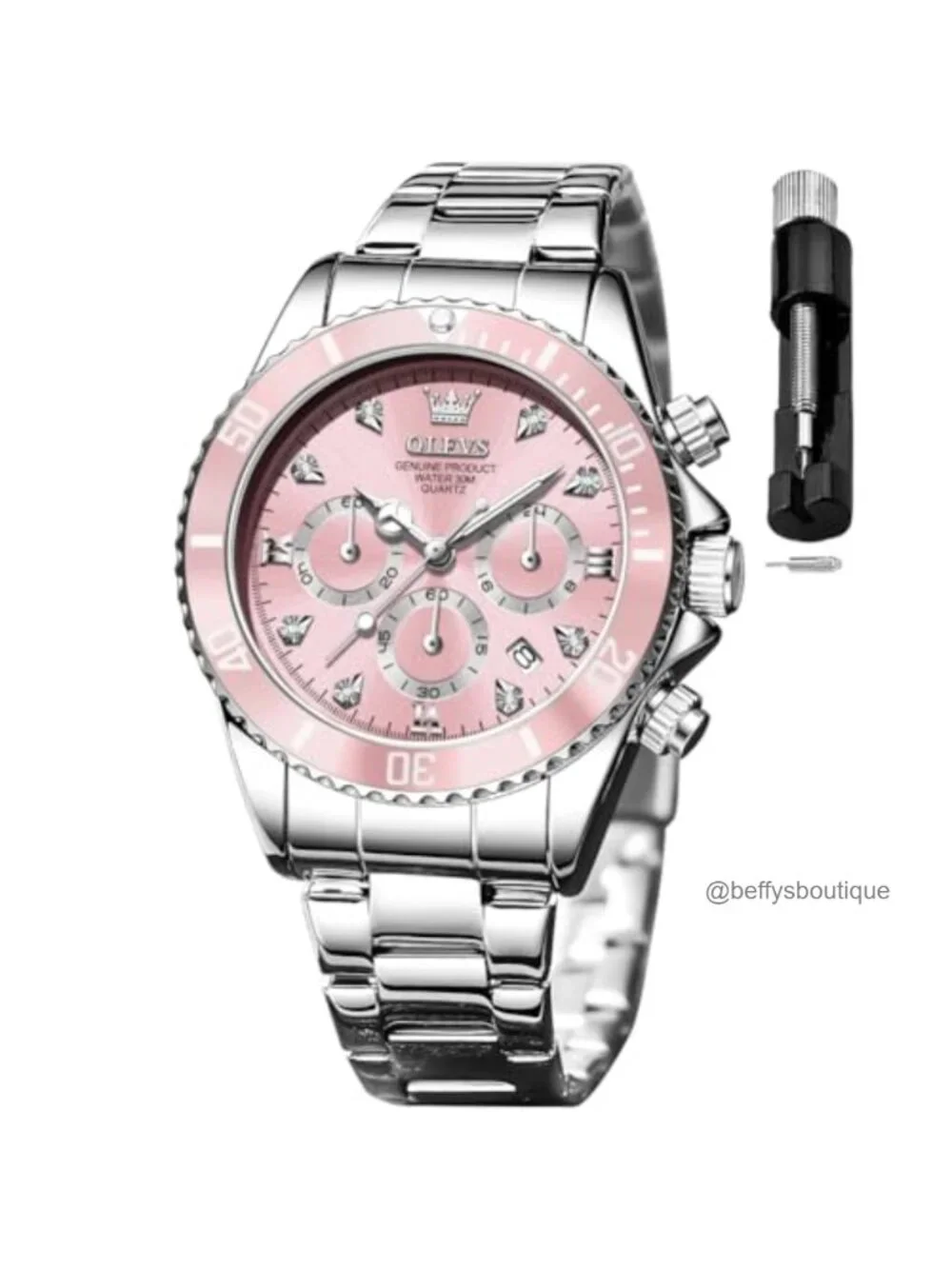 Ladies Diamond Chronograph Watch Stainless Steel Analog Waterproof Luminous Day